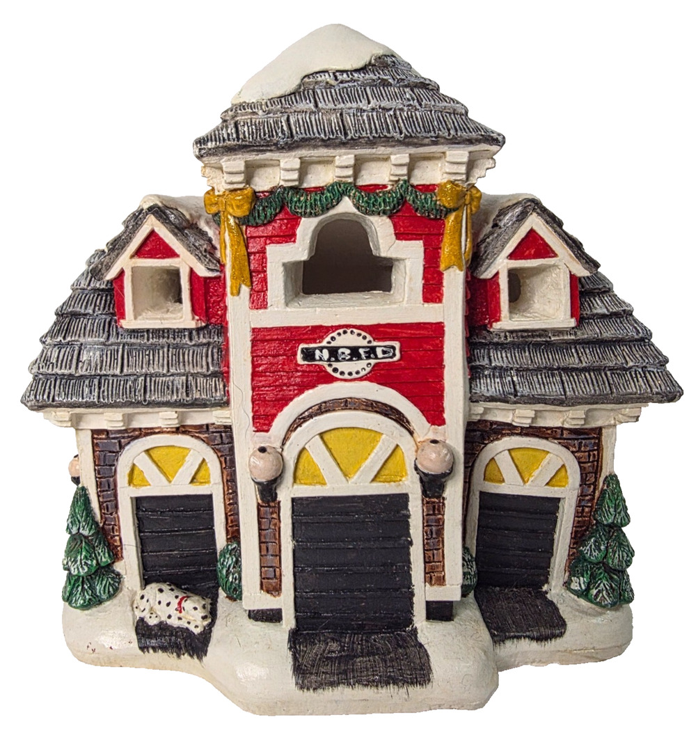 Vintage Hand Painted Christmas Village Fire Station Signed 1993 Holiday Decor